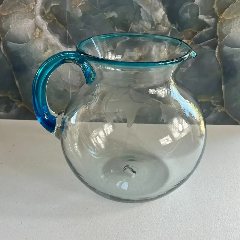 Kate Errett Art Hand Blown Glass Pitcher Bear Etched Design Signed